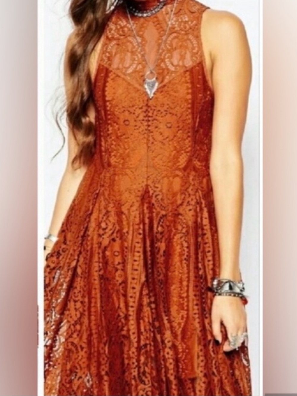 Free People Burnt Orange Angel Rays lace Midi Dress